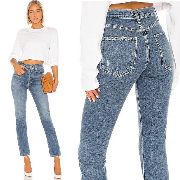 Agolde Riley Jeans 25 Denim Blue High Crop Straight Raw Hem Button Fly Classic - Picture 1 of 12